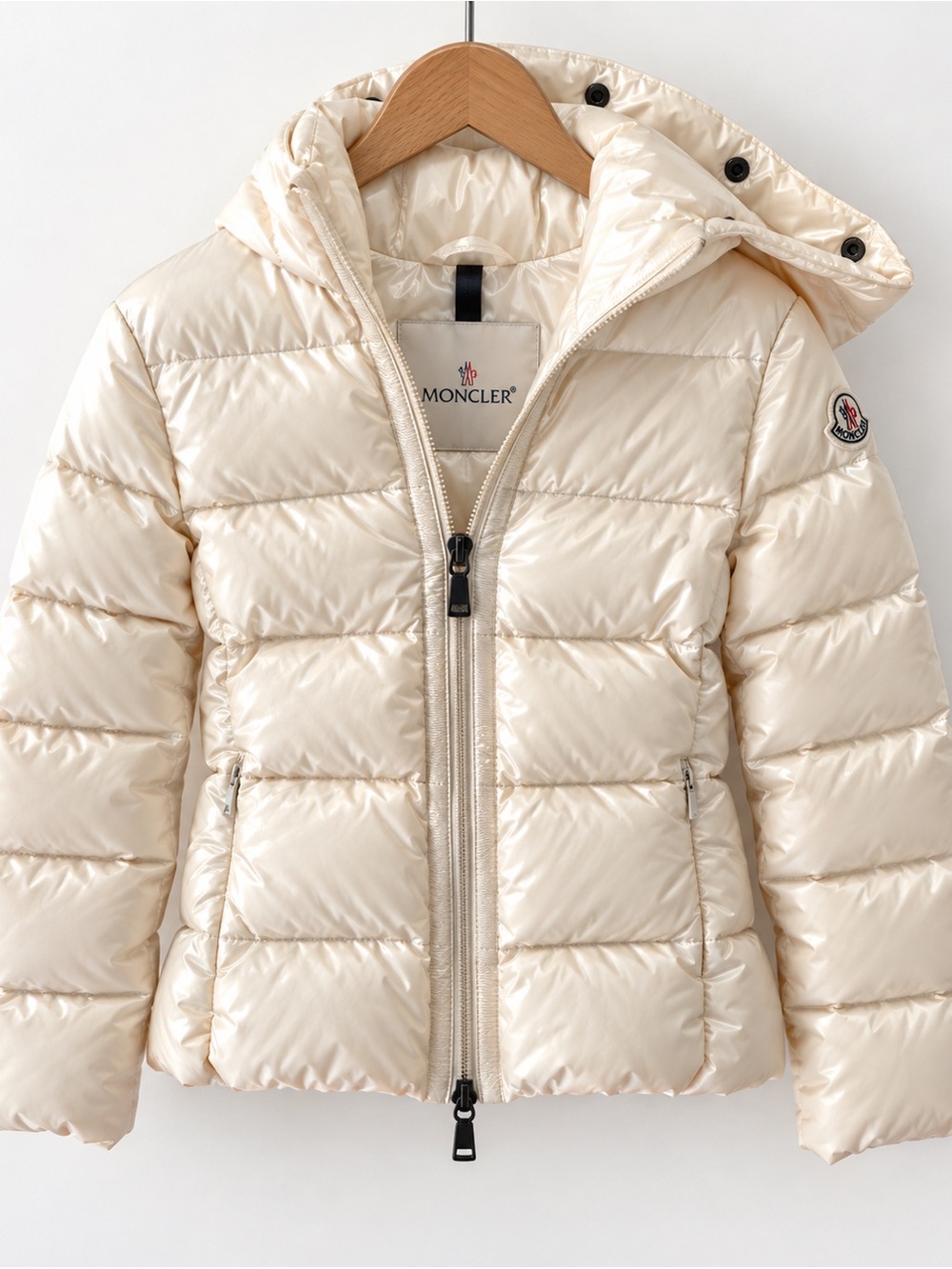 Moncler Kids Shiny Ivory Cream Quilted Puffer Jacket with Hood